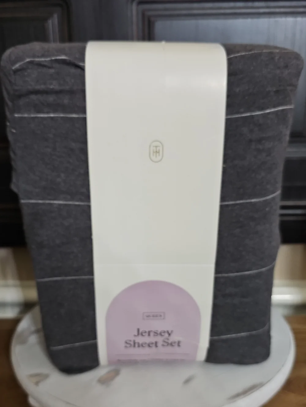 Threshold - Queen Cotton Jersey Sheet Set Grey with White Pinstripes, New